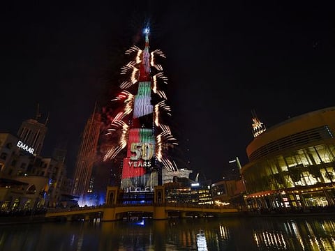 The fireworks display on Burj Khalifa of New Year's Eve celebrates the UAE Golden Jubilee. 