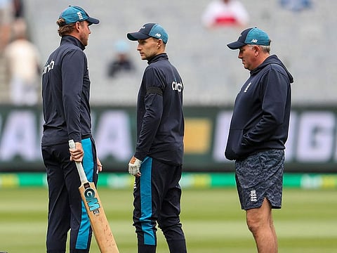 England head coach Chris Silverwood with Joe Root and Stuart Broad