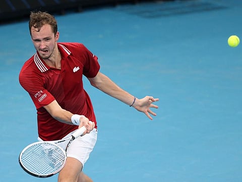 Russia's Daniil Medvedev hits a forehand return to France's Ugo Humbert in the group stage of the ATP Cup at Sydney Olympic Park on Sunday.