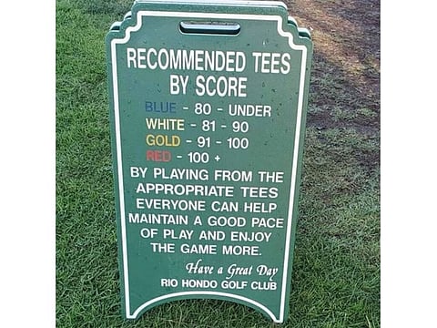 A sign at the first tee at Rio Hondo Golf Club 
