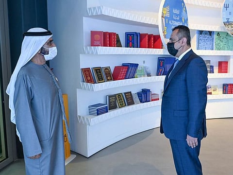 His Highness Sheikh Mohammed bin Rashid Al Maktoum (R) with Yemen’s Prime Minister Dr Moeen Abdul-Malik at Yemen Pavilion at Expo 2020 Dubai on Monday