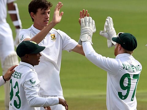South Africa's Marco Jansen celebrates after a dismissal during the first day of second Test against at Wanderers Stadium in Johannesburg on Monday.