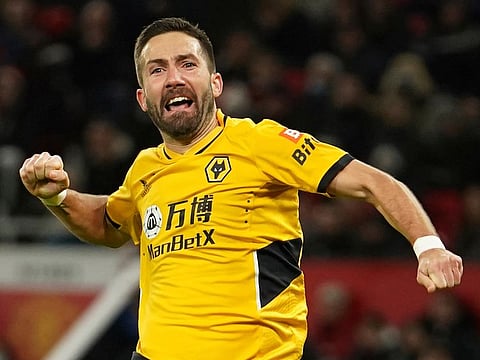 Wolverhampton Wanderers’ Joao Moutinho celebrates after scoring the only goal against Manchester United.