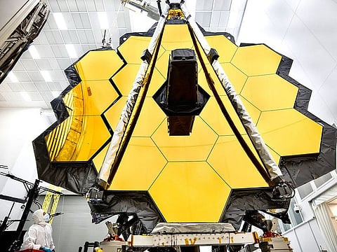 This NASA photo released on May 16, 2017 shows the primary mirror of NASA’s James Webb Space Telescope inside a clean room at NASA’s Johnson Space Center in Houston,Texas.