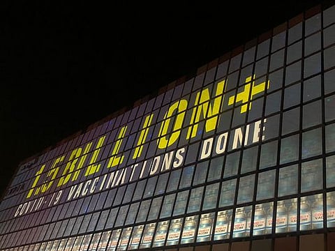 India's 1.5 billion COVID-19 vaccine dose landmark displayed on the India Pavilion's facade at Expo 2020 Dubai on Saturday.