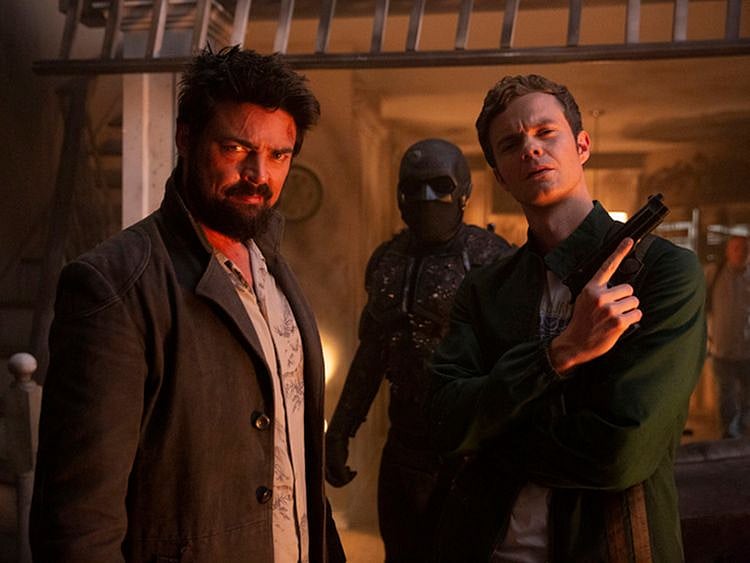 Karl Urban (Billy Butcher), Nathan Mitchell (Black Noir), Jack Quaid (Hughie Campbell) in season two of 'The Boys'