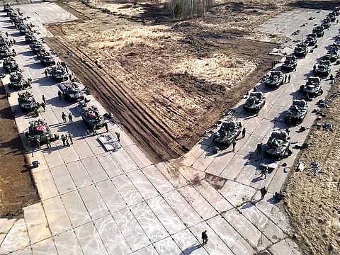 This photo taken from video distributed by Russian Defence Ministry Press Service shows Russian military vehicles move during drills in Crimea last year (File)