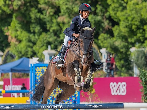 UAE rider Abdalla Al Kirbi in action on the opening day of  Fatima Bint Mubarak Ladies Sports Academy (FBMA) International Showjumping Cup 2022 on Friday. 