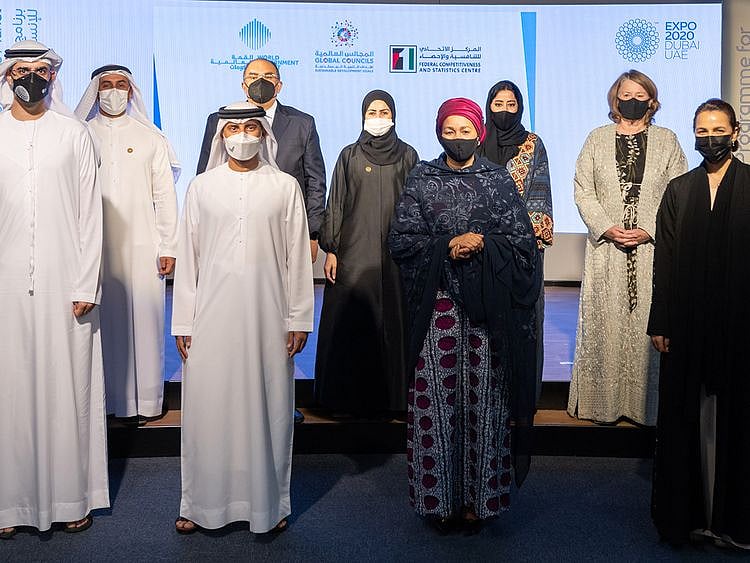 UAE ministers and members of Global Councils for UN Sustainable Development Goals at Global Goals Week at Sustainability Pavilion at Expo 2020 Dubai on Saturday 