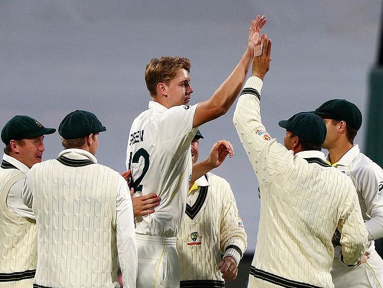 Australia's Cameron Green celebrates with teammates as England crumble