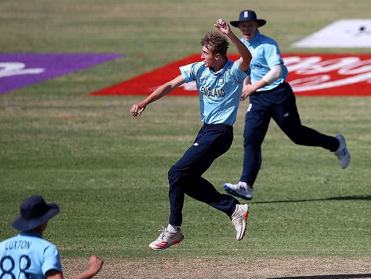 Joshua Boyden of England celebrates taking the wicket of Abdullah Al Mamun of Bangladesh during the ICC U19 Men's Cricket World Cup match between Bangladesh and England at Warner Park Sporting Complex on January 16, 2022 in Basseterre.