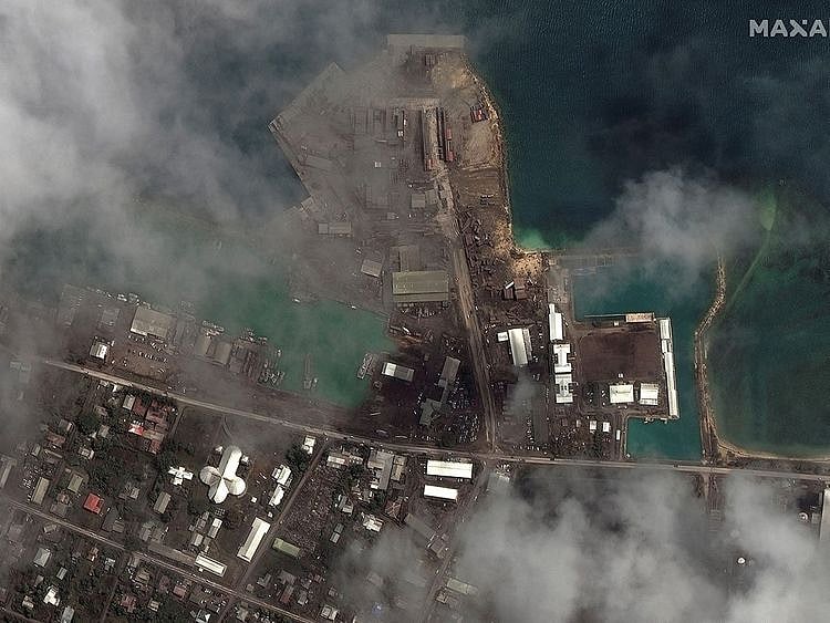 A satellite image shows the key port facilities after the main eruption of the Hunga Tonga-Hunga Ha'apai volcano, in Nuku'alofa, Tonga, January 18, 2022.  