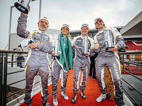 Reema Juffali with her Mercedes-AMG GT3teammates Valentin Pierburg, George Kurtzand and Ian Loggie at Dubai Autodrome.