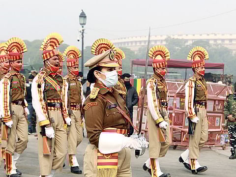 Sashastra Seema Bal (SSB) contingent march past during the rehearsal for the Republic Day Parade, at Vijay Chowk, in New Delhi on Tuesday. 
