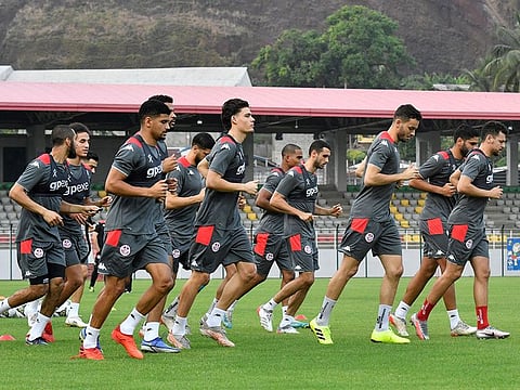 Tunisian players attend a training session at the Limbe Centenary Stadium, Cameroon, on January 19, 2022, on the eve of the African Cup of Nations (CAN) football match between Tunisia and Gambia. 