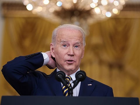 US President Joe Biden speaks during a news conference in the East Room of the White House in Washington, D.C. on Wednesday, January 19, 2022. 