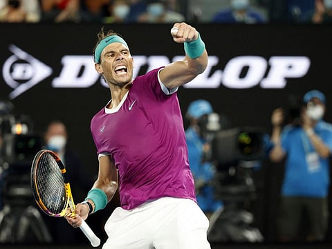 Spain's Rafael Nadal celebrates winning his third round match against Russia's Karen Khachanov.