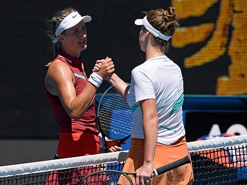 Victoria Azarenka (left) of Belarus is congratulated by Elina Svitolina of Ukraine following their third round match at the Australian Open tennis championships in Melbourne, Australia.