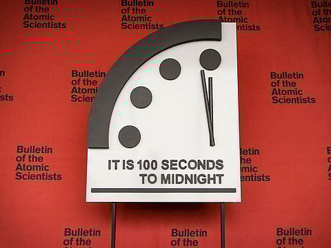 In this image released by The Hastings Group the Doomsday Clock is unveiled on January 20, 2022, in Washington, DC.  