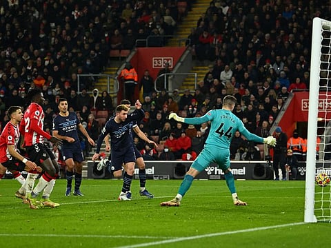 Manchester City's Aymeric Laporte scores against Southampton in their English Premier League match.