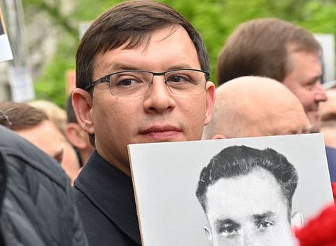 The picture taken on on May 9, 2019 shows a former MP Yevgen Murayev taking part in  pro-Russian action Immortal Regiment march during Victory Day celebrations in Kiev.