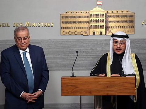 Kuwaiti Foreign Minister Sheikh Ahmad Al Nasser Al Sabah, right, speaks during a joint press conference with his Lebanese counterpart Abdallah Bouhabib, in Beirut on January 22, 2022. 