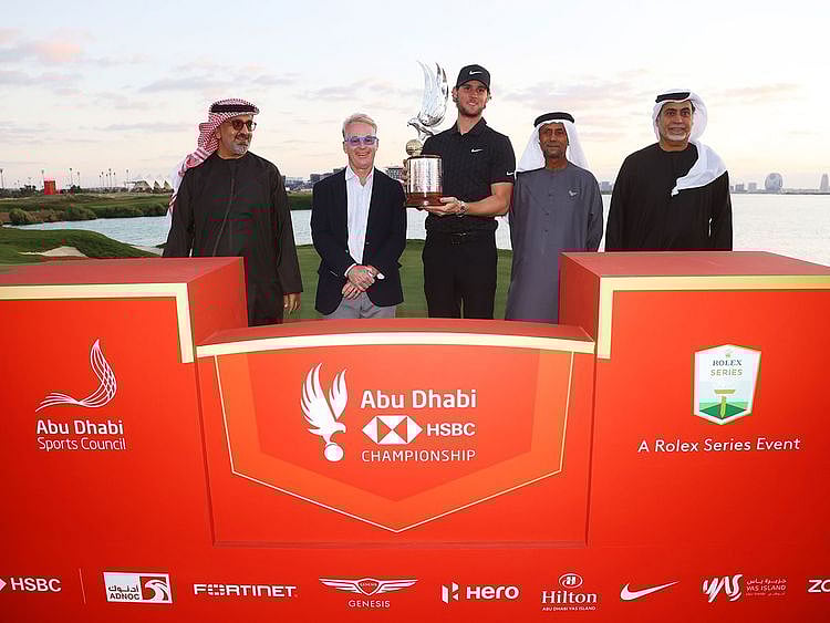 Aref Al Awani, Secretary General of the Abu Dhabi Sports Council, Keith Pelley, CEO of the DP World Tour, Thomas Pieters, winner of last week's Abu Dhabi HSBC Championship, Sheikh Fahim Al Qasimi, Chairman of the Emirates Golf Federation and General Abdullah Alhashmi, Vice-Chairman of the Emirates Golf Federation.