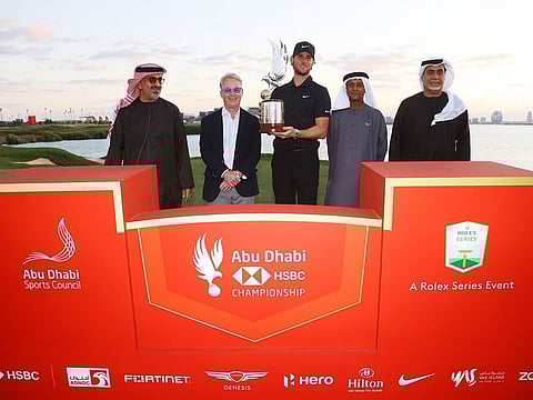 Aref Al Awani, Secretary General of the Abu Dhabi Sports Council, Keith Pelley, CEO of the DP World Tour, Thomas Pieters, winner of last week's Abu Dhabi HSBC Championship, Sheikh Fahim Al Qasimi, Chairman of the Emirates Golf Federation and General Abdullah Alhashmi, Vice-Chairman of the Emirates Golf Federation.