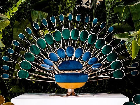 The peacock throne or 'Il Pavone', a statement piece in the collection 'The Garden of Beauty' by Visionnaire Home Philosophy, a meta-luxury home design house.