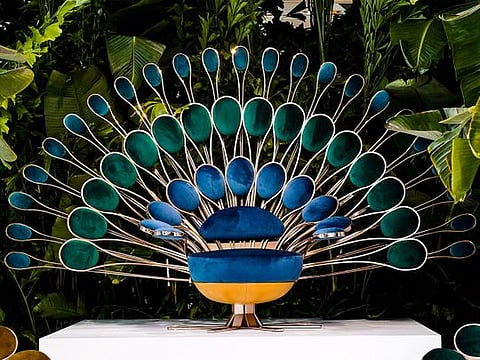 The peacock throne or 'Il Pavone', a statement piece in the collection 'The Garden of Beauty' by Visionnaire Home Philosophy, a meta-luxury home design house.