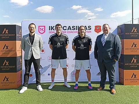 (Left to right) Commercial and Operations Director ESM James Bowring with Iker Casillas, Michel Salgado and Matthew Lecuyer Principal/CEO, GEMS Winchester School – Dubai.