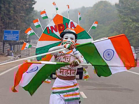 A participant performs during the rehearsal for Republic Day celebrations 2022, in Bhubaneswar on Tuesday. 