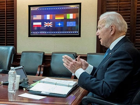 U.S. President Joe Biden is seen in a White House handout photo as he speaks with European leaders about Russia and the situation in Ukraine during a secure video teleconference from the Situation Room of the White House in Washington, U.S., January 24, 2022.