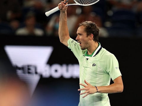 Russia's Daniil Medvedev celebrates winning his quarter final match against Canada's Felix Auger Aliassime.