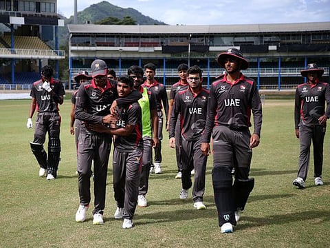A relieved UAE Under-19 team after beating Uganda to make the Plate semi-finals of the Youth World Cup.