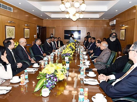 Chairman of Tata Sons N Chandrasekaran during a meeting with officials of Ministry of Civil Aviation, Tata Group and Ministry of finance, at Air India office, in New Delhi on Thursday. 