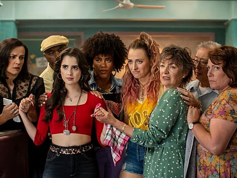(L-R)  Amanda Billing as Valentina, Laura  Marano as Izzy, Grace Bentley-Tsibuah as Lola, Chelsie Preston Crayford as Destiny, Elizabeth Hawthorne as Nonna in 'The Royal Treatment'