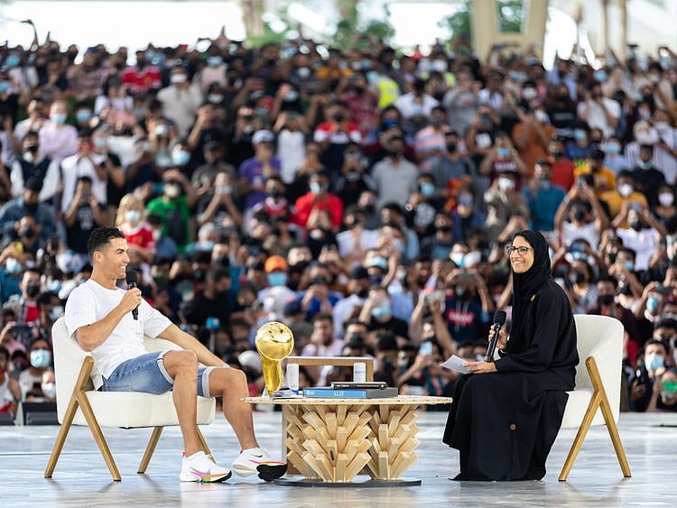 Cristiano Ronaldo (L)_ Portugal international and Manchester United forward footballer and Marjan Faraidooni_ Chief Experience Officer_ Expo 2020 at Al Wasl_Large Image_m39456-1643378890260