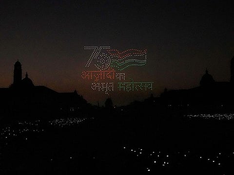 Drones in a formation to commemorate the 75 years of Independence over the north and south blocks, the government seat of power, at Raisina hills during the Beating Retreat ceremony, in New Delhi, on January 29, 2022. The ceremony performed every year on the evening of January 29 by the three wings of the Indian military marks the end of Republic Day festivities. 