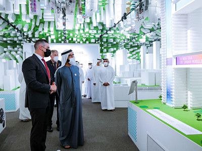 His Highness Sheikh Mohammed bin Rashid Al Maktoum at the Germany Pavilion in Expo 2020 Dubai.