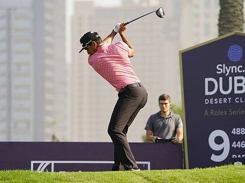 Rafa Cabrera Bello on the 9th Tee on Pink Saturday at the Slync.io Dubai Desert Classic.