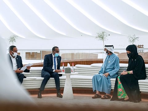 Sheikh Mohammed bin Rashid during the meeting with Mohammad Hussein Roble, Prime Minister of the Republic of Somalia, at Expo 2020 Dubai on Monday.