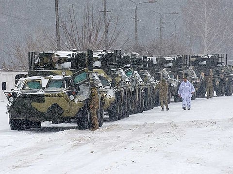 Armoured personnel carrier (APC) of the 92nd separate mechanised brigade of Ukrainian Armed Forces move to park in their base near Klugino-Bashkirivka village, in the Kharkiv region 