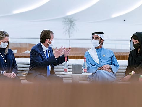 His Highness Sheikh Mohammed bin Rashid Al Maktoum (third from left) with Isaac Herzog, President of Israel (second from left) at UAE Pavilion, Expo 2020 Dubai on Monday