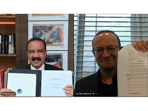 Dr. Azad Moopen, Founder Chairman and Managing Director, Aster DM Healthcare, and Mohamed Ezz Eldin, President and Head of Gulf Cluster, Novartis Pharmaceuticals.