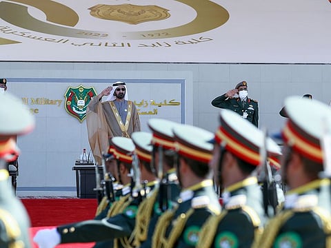 Sheikh Mohammed bin Rashid Al Maktoum attending graduation ceremony at Zayed II Military College in Al Ain on Tuesday