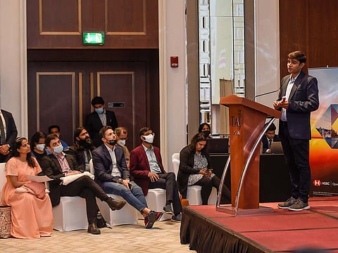 Dhruv Patel of D3S Healthcare Technologies making a pitch at the Elevate IX session in Dubai. 