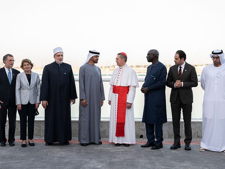 His Highness Sheikh Mohamed bin Zayed Al Nahyan receives members of the Higher Committee of Human Fraternity in Abu Dhabi on Wednesday
