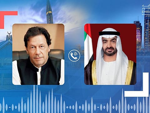 His Highness Sheikh Mohamed bin Zayed Al Nahyan (R) and Imran Khan (L), the Prime Minister of the Islamic Republic of Pakistan