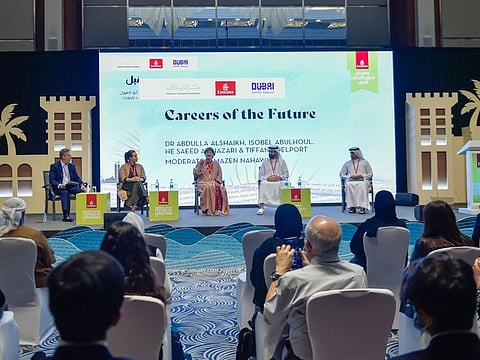 Abdullah AlShaikh (extreme right), Isobel Abulhoul, Saeed Al Nazari (second from right) and Tiffany Delport during the session titled 'Careers of the Future', on the first day of Emirates Airline Festival  of Literature 2022, at Hilton in Al Habtoor City, Dubai. 